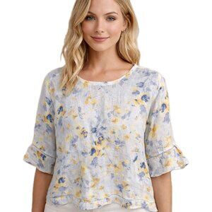 Pure Jill J Jill Linen Boxy Shirt Size XL Top Lagenlook White Floral t12